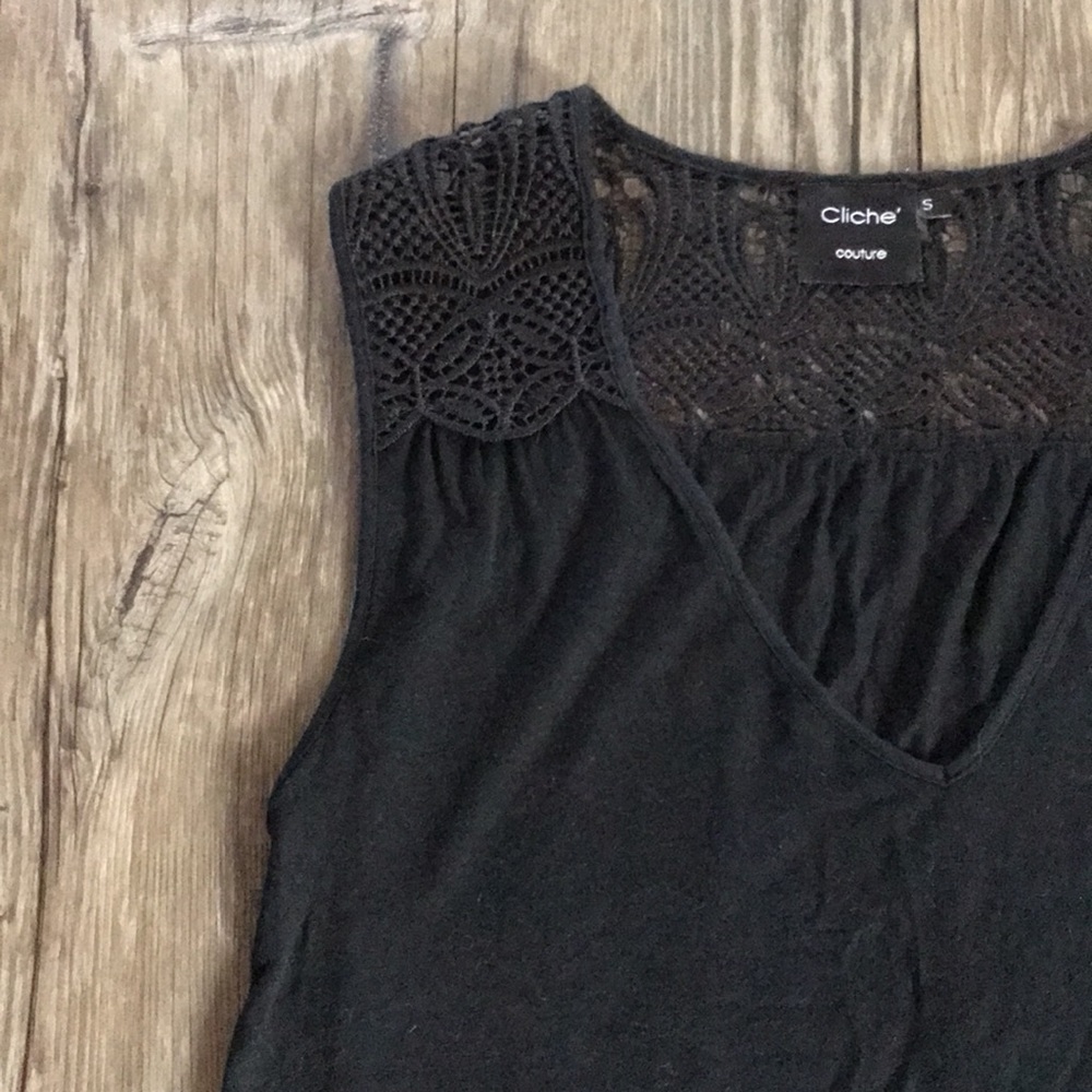 Cliche Couture Black Sleeveless V-neck Stretchy Top Lace-like Detailing